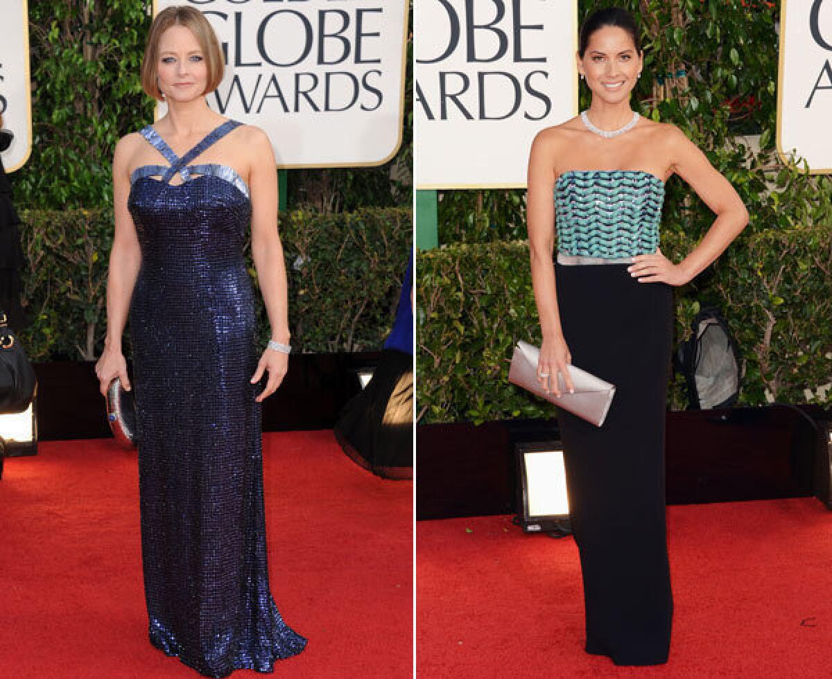 Jodie Foster in Armani and Olivia Munn in a strapless Armani gown with turquoise herringbone beading on the bodice.
