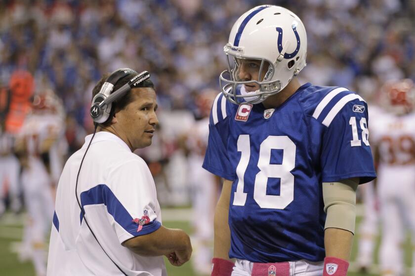 Indianapolis Colts quarterback Peyton Manning and offensive coordinator Clyde Christensen on Oct. 10, 2010