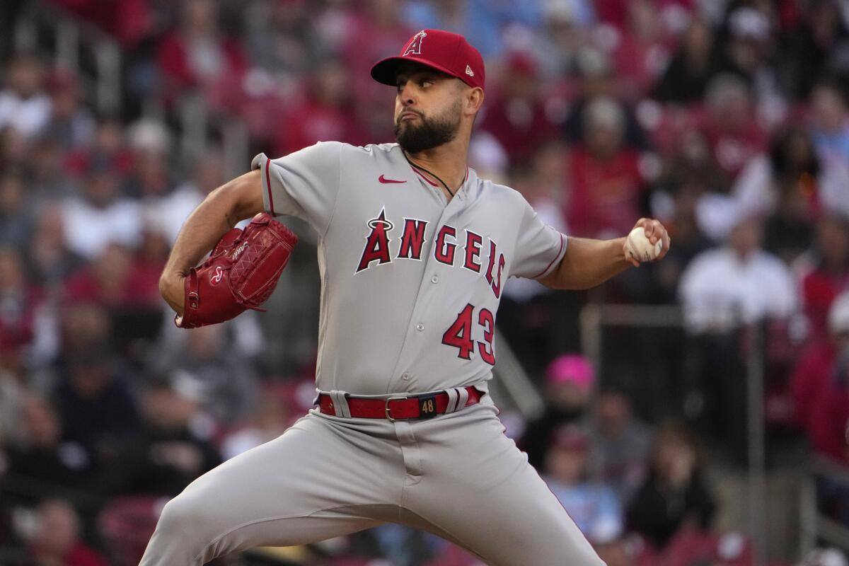 Los Angeles Angels starting pitcher Patrick Sandoval throws during the first inning of a baseball game.