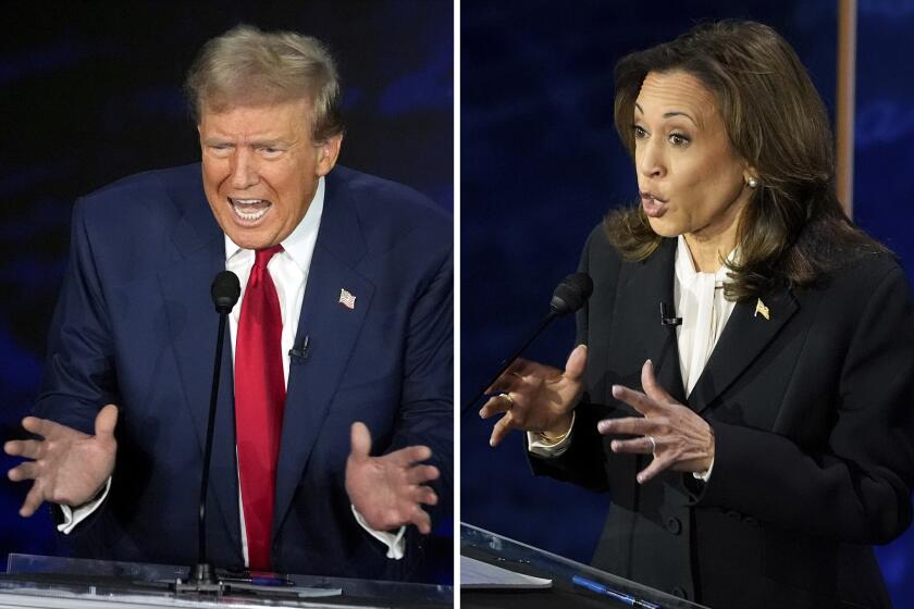 This combination of photos shows Republican presidential nominee former President Donald Trump, left, and Democratic presidential nominee Vice President Kamala Harris during an ABC News presidential debate at the National Constitution Center, Tuesday, Sept. 10, 2024, in Philadelphia. (AP Photo/Alex Brandon)