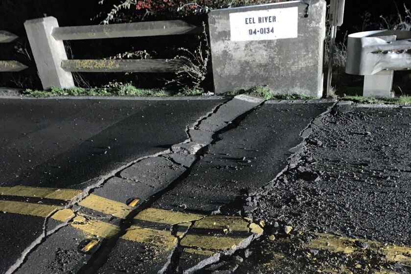 Photo of State Route 211 at Fernbridge, in Humboldt County bridge is closed while CalTrans conduct safety inspections due to possible seismic damage following a magnitude 6.4 earthquake in Northern California.