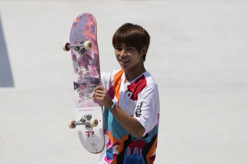Yuto Horigome of Japan reacts after skating during the men's street.