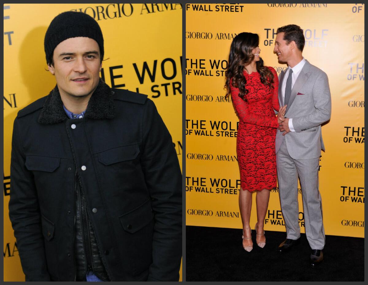 Orlando Bloom, left, wore a beanie to guard against the cold at the premiere of "The Wolf of Wall Street" in New York. Camila Alves and Matthew McConaughey attended too.