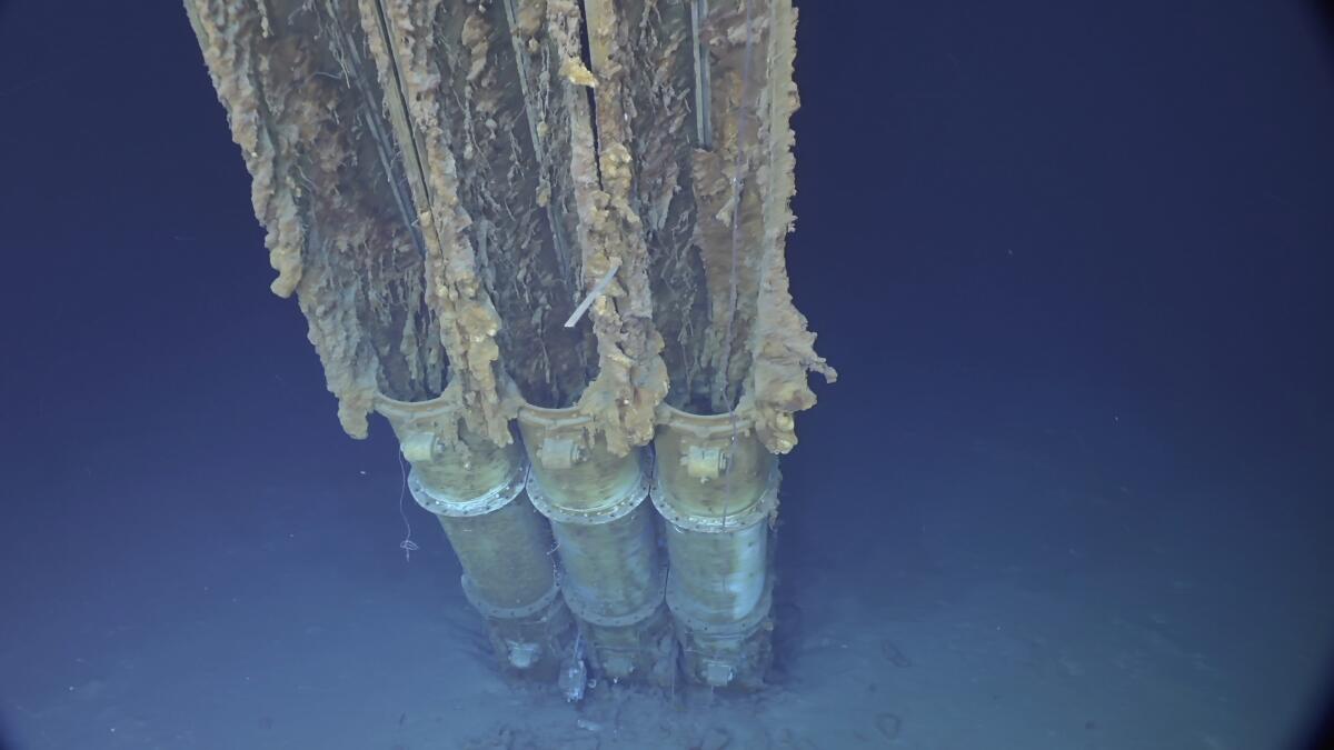 A torpedo launcher is part of the underwater shipwreck.