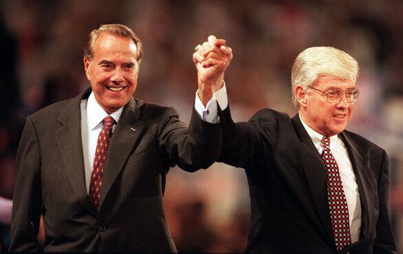 Republican presidential nominee Bob Dole and his vice presidential nominee, Jack Kemp, during the final evening of the 1996 Republican National Convention in San Diego.
