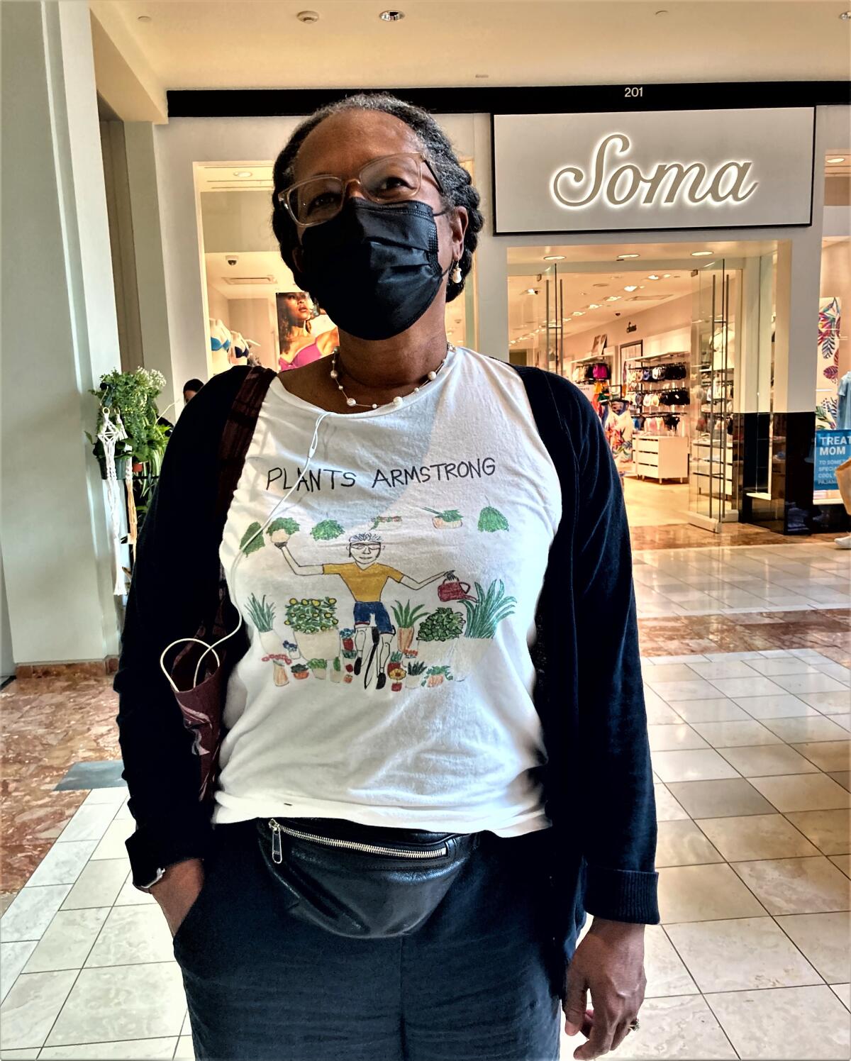Los Angeles resident Traci Williams wore a special plant-themed shirt Thursday to South Coast Plaza's Spring Garden Show.