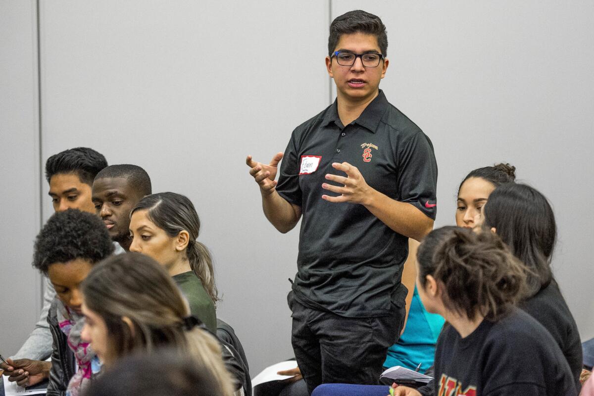 Edwin Saucedo speaks during USC's first generation summit in February. (Gus Ruelas / Courtesy of USC)