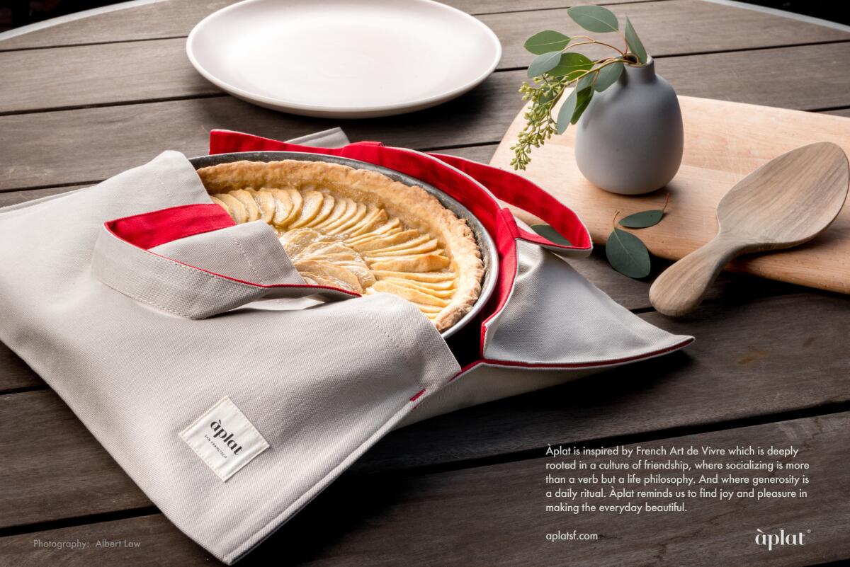 Cloth pie carrier from Aplat in San Francisco works for bowls and plates, too. Carry your dish to a dinner party in style.