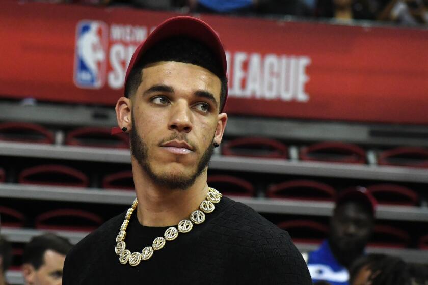 LAS VEGAS, NEVADA - JULY 05: NBA player Lonzo Ball attends a game between the Chicago Bulls and the Los Angeles Lakers during the 2019 NBA Summer League at the Thomas & Mack Center on July 5, 2019 in Las Vegas, Nevada. NOTE TO USER: User expressly acknowledges and agrees that, by downloading and or using this photograph, User is consenting to the terms and conditions of the Getty Images License Agreement. (Photo by Ethan Miller/Getty Images)