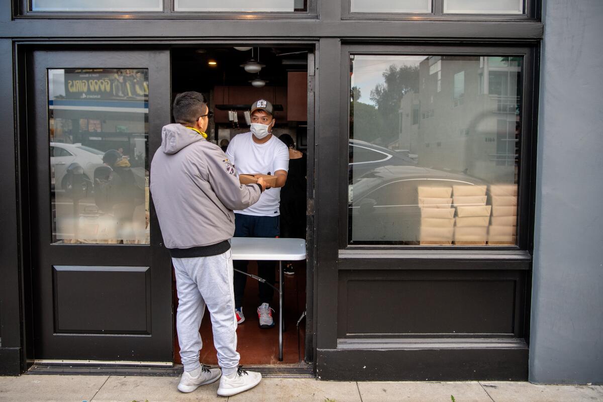 At Chi Spacca, Nancy Silverton and her staff distributed 300 free meals and other supplies to those in the restaurant industry who have been effected by closures due to the coronavirus outbreak.