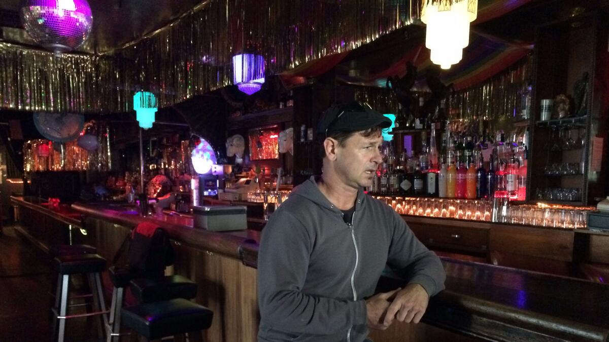 Bar owner Michael McElhaney is interviewed at The Stud in San Francisco on Tuesday.