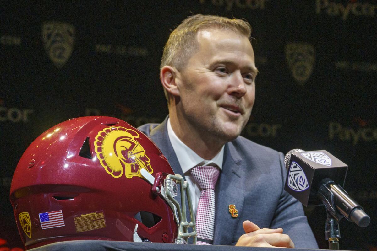 USC coach Lincoln Riley speaks during Pac-12 media day in July.