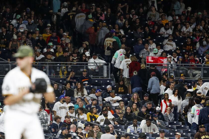 San Diego, CA - May 19: Troves of fans leave their seats before the top of the ninth inning during the Padres game against the Red Sox at Petco Park on Friday, May 19, 2023 in San Diego, CA. (Meg McLaughlin / The San Diego Union-Tribune)