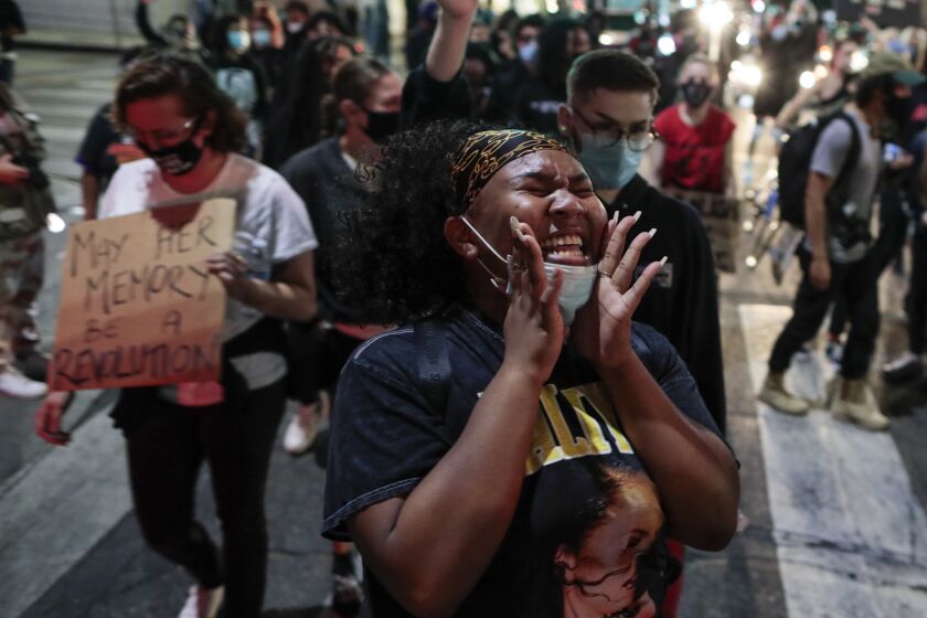 Los Angeles, CA, Thursday, September 24, 2020 - Miracle Murphy chants with passion as she demonstrates in against the Kentucky grand jury decision in the case of Breonna Taylor's death by Louisville police. (Robert Gauthier/ Los Angeles Times)