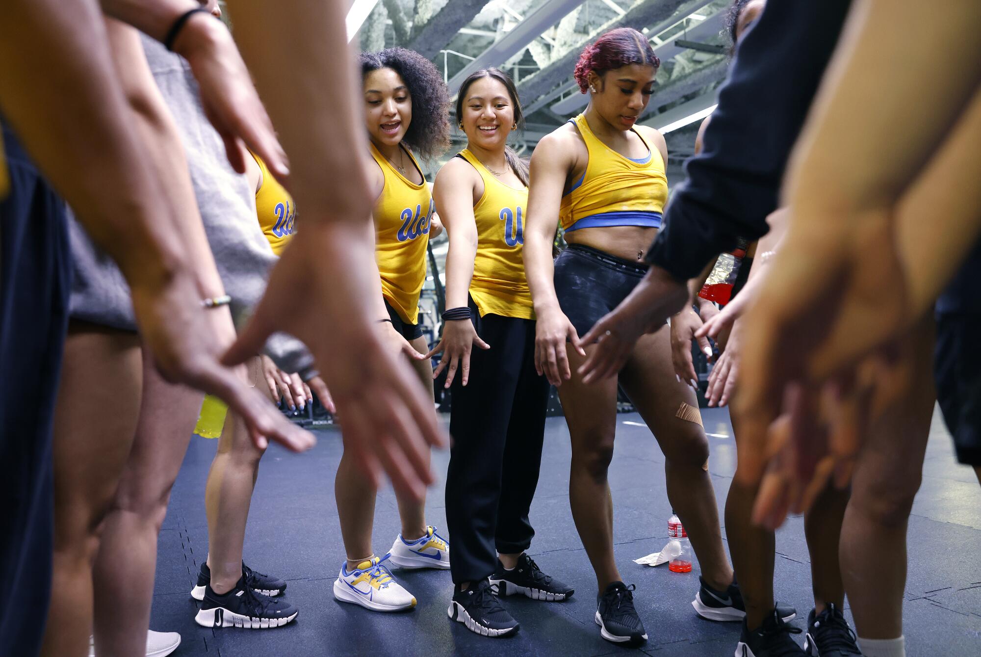 加州大学洛杉矶分校的体操运动员们站成一队。
