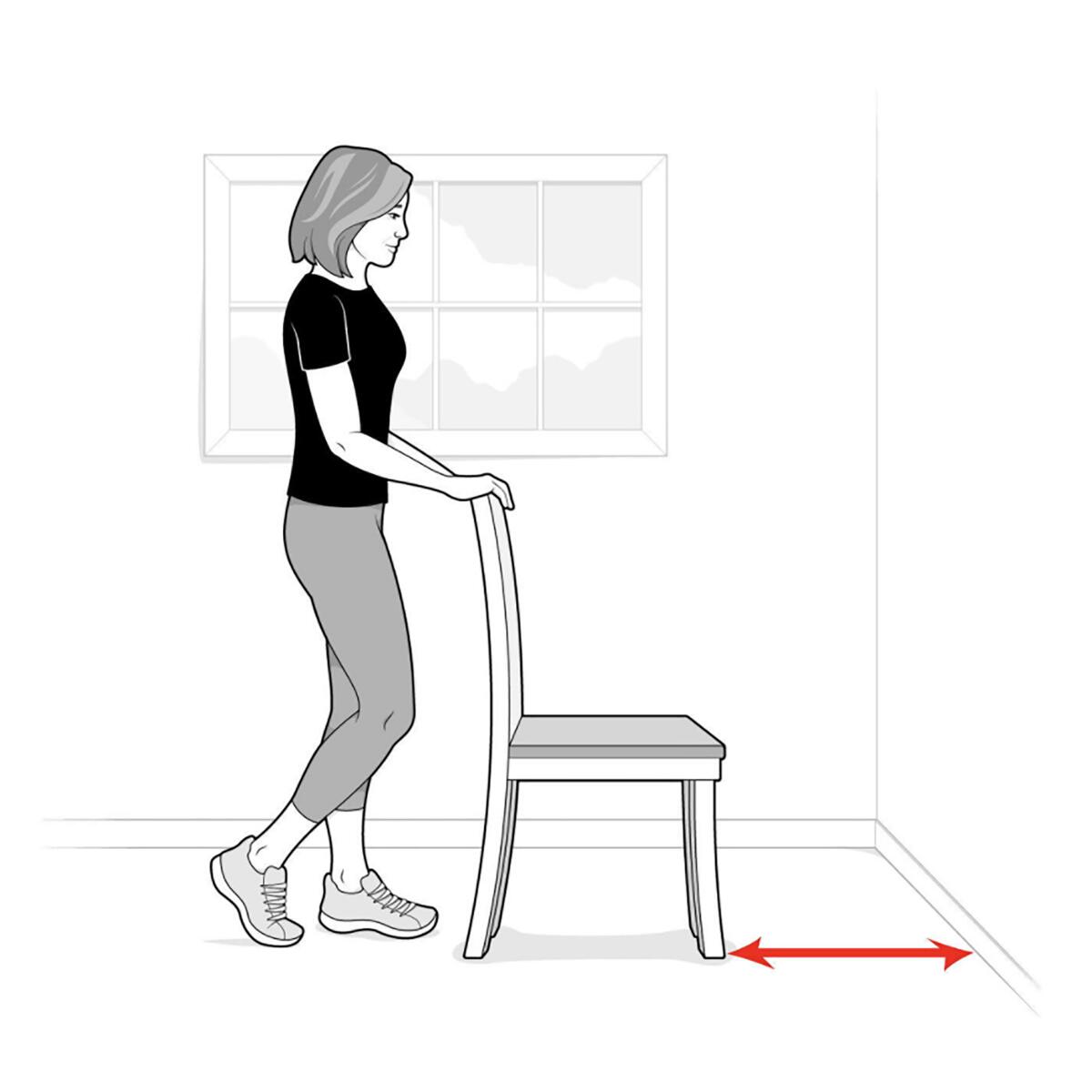 A sketch shows a woman setting a chair a few feet from a wall.