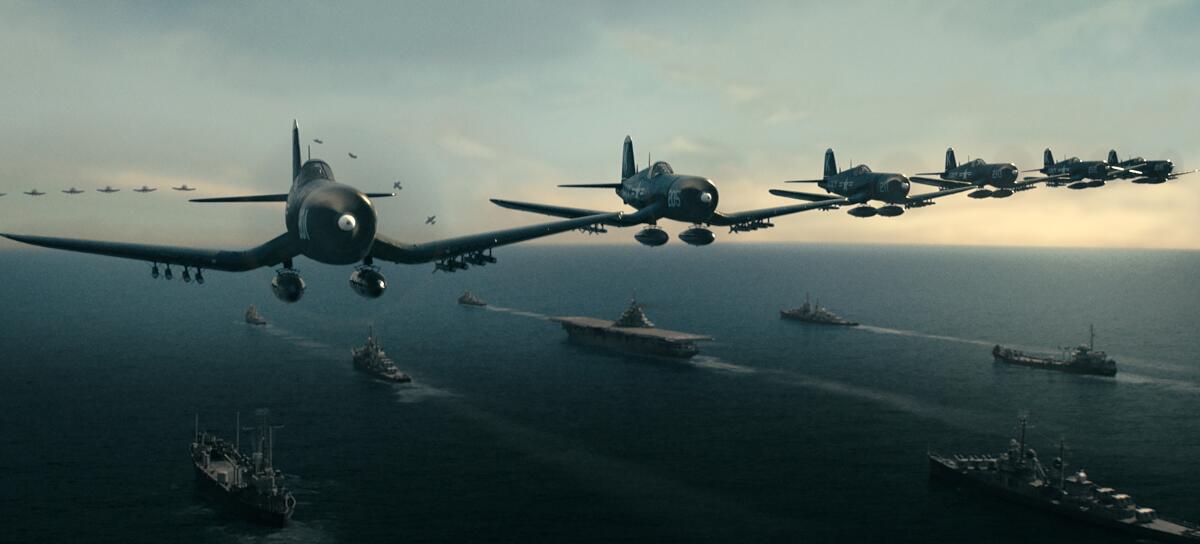 Korean War era planes fly over carriers in a scene from "Devotion."