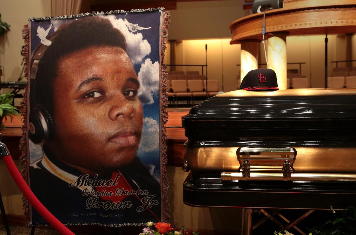The casket of Michael Brown sits inside Friendly Temple Missionary Baptist Church before the start of his funeral Aug. 25.