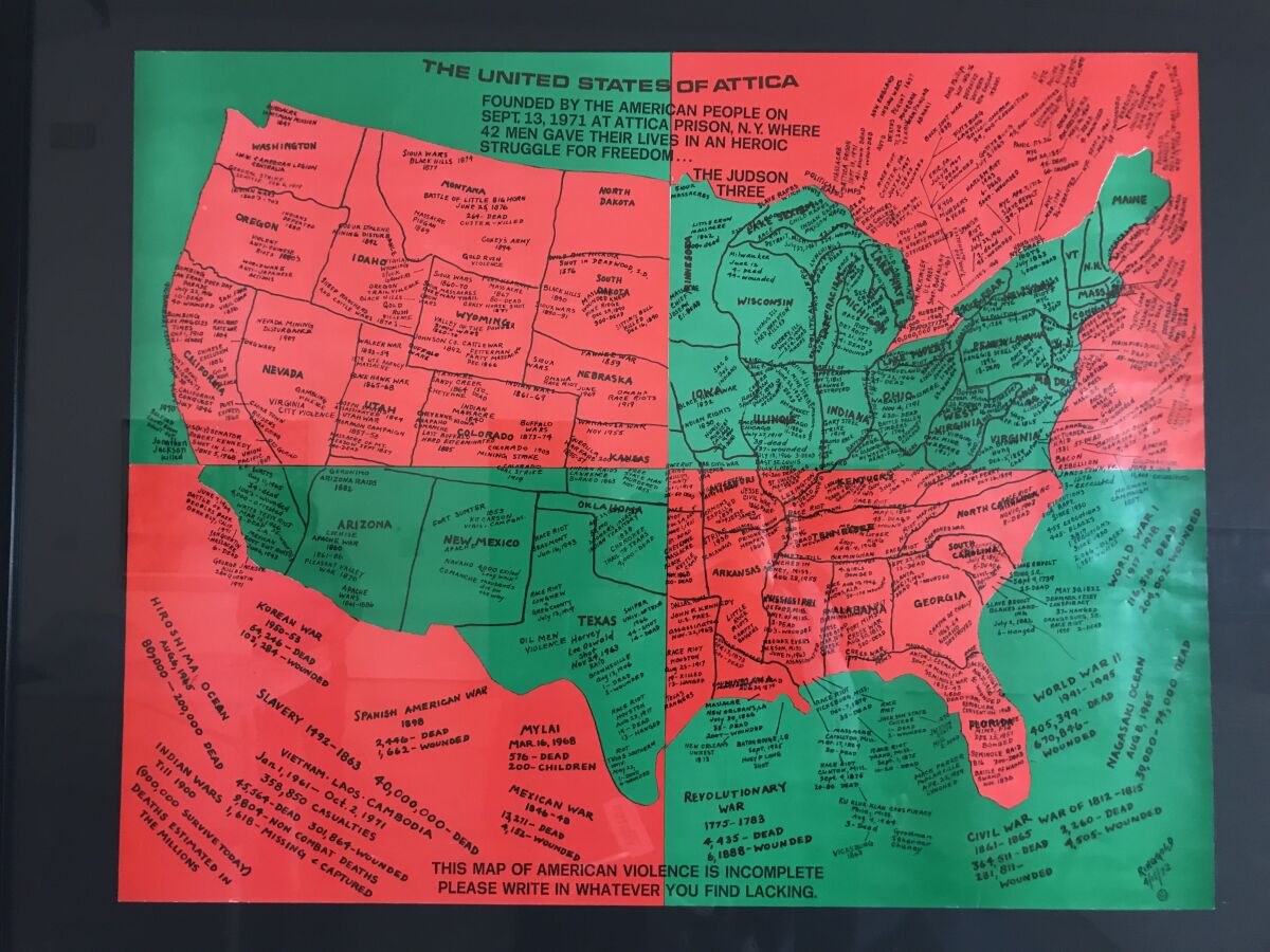 "United States of Attica," 1971-72, a green and red print by Faith Ringgold, maps violent incidents in U.S. history on a map