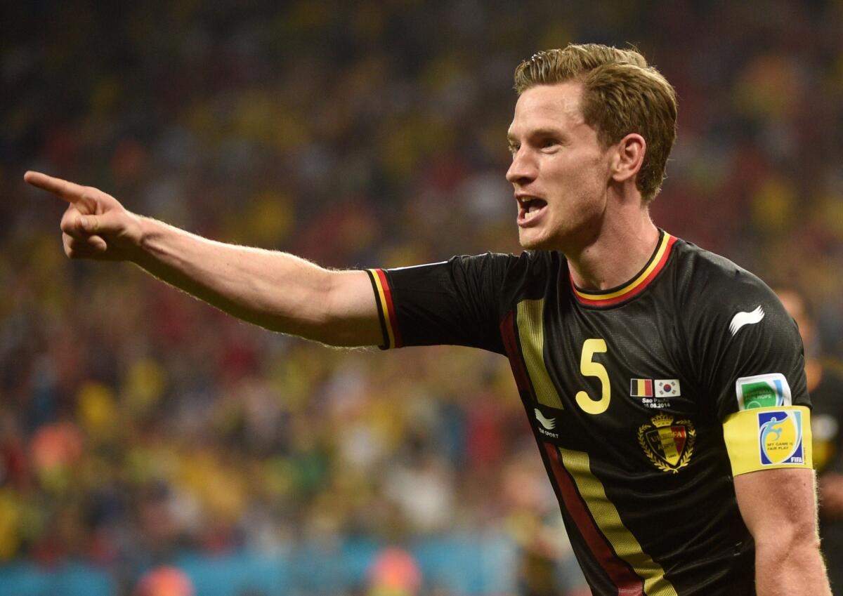 Belgium captain Jan Vertonghen reacts after scoring against South Korea to give his country a 1-0 victory in its final match of the group stage. Belgium will face the United States on July 1 in the round of 16.