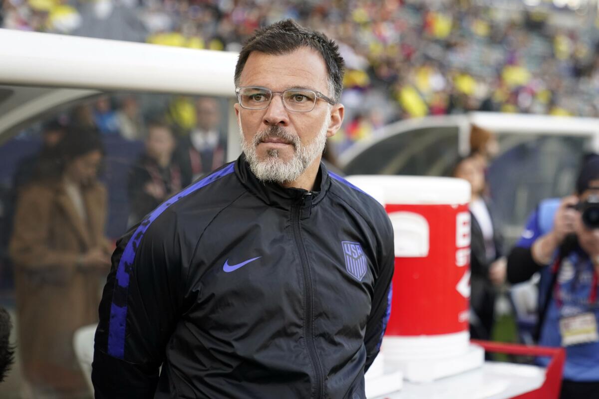 U.S. coach Anthony Hudson stands near the bench before an international soccer friendly against Colombia on Jan. 28, 2023.
