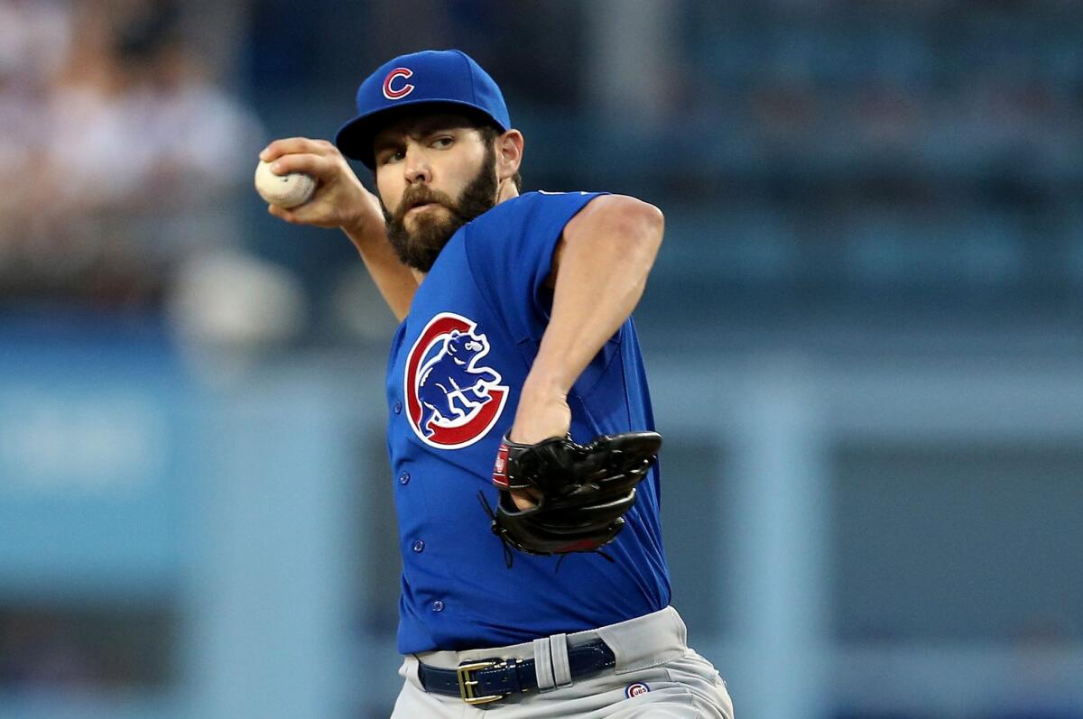 Chicago right-hander Jake Arrieta throws against the Dodgers during his no-hitter at Dodger Stadium on Aug. 30.