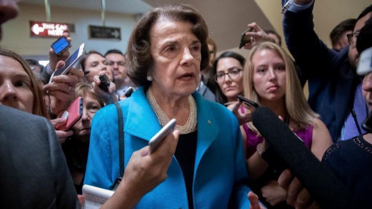 Sen. Dianne Feinstein (D-Calif.) responds Sept. 18 to reporters' questions on Supreme Court nominee Brett Kavanaugh.