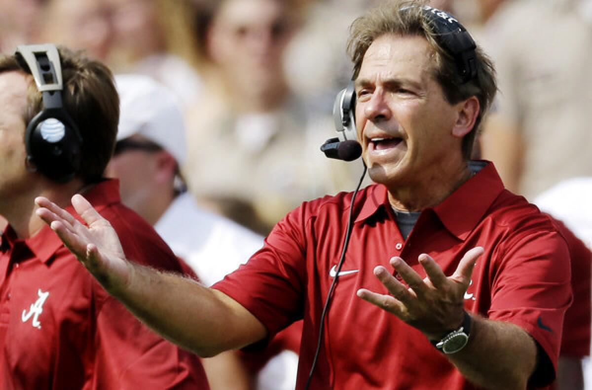 Alabama Coach Nick Saban reacts to a call during the Crimson Tide's victory last week over Texas A&M.