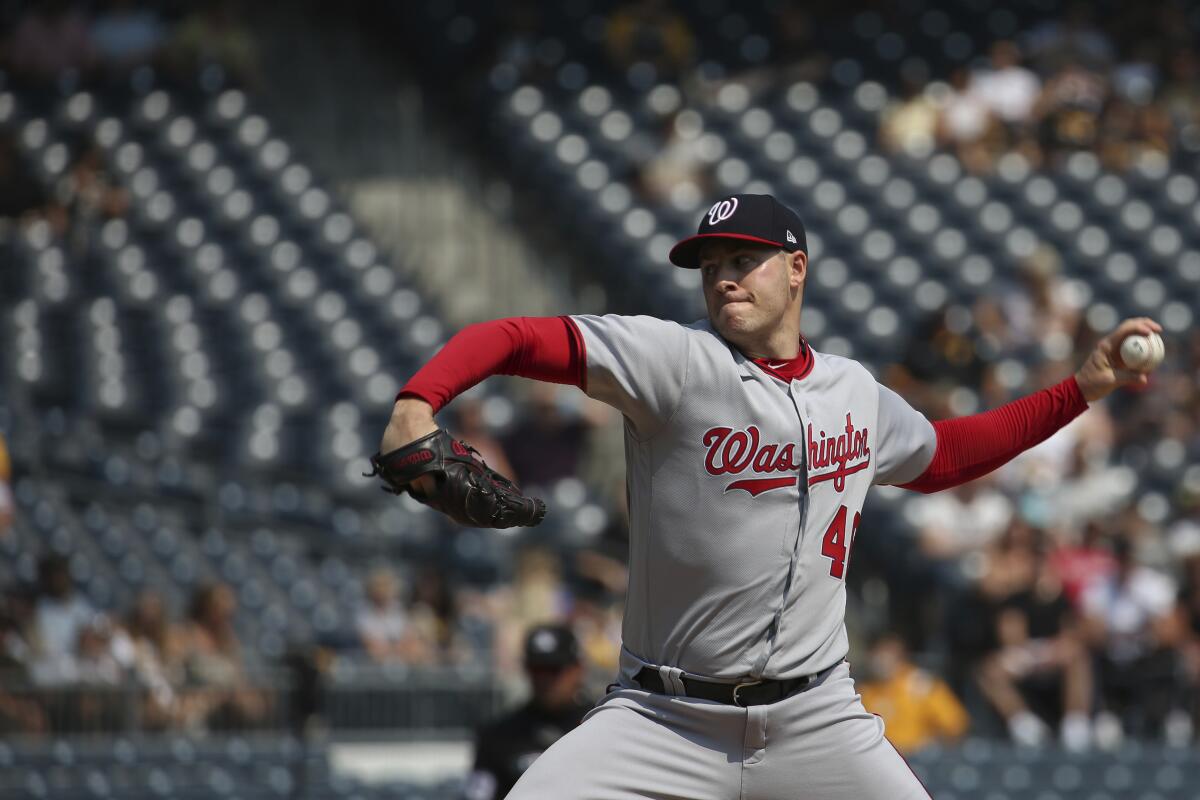 Washington Nationals starter Patrick Corbin pitches in the first inning during a baseball game against the Washington Nationals, Sunday, Sept. 12, 2021, in Pittsburgh. (AP Photo/Rebecca Droke)