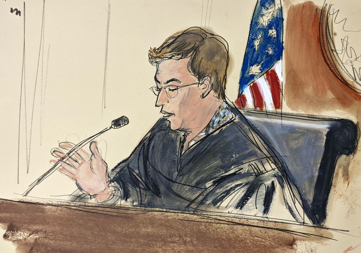 FILE — In this courtroom sketch, Judge Alison Nathan presides over the Ghislaine Maxwell hearing, Nov. 1, 2021, in New York. Judge Nathan said Thursday, Feb. 24, 2022, that she'll question a juror under oath during a rare post-verdict evidentiary hearing about the answers he gave during jury selection for the criminal trial of Ghislaine Maxwell after he told news outlets that he didn't recall being asked about prior sexual abuse. (AP Photo/Elizabeth Williams, File)