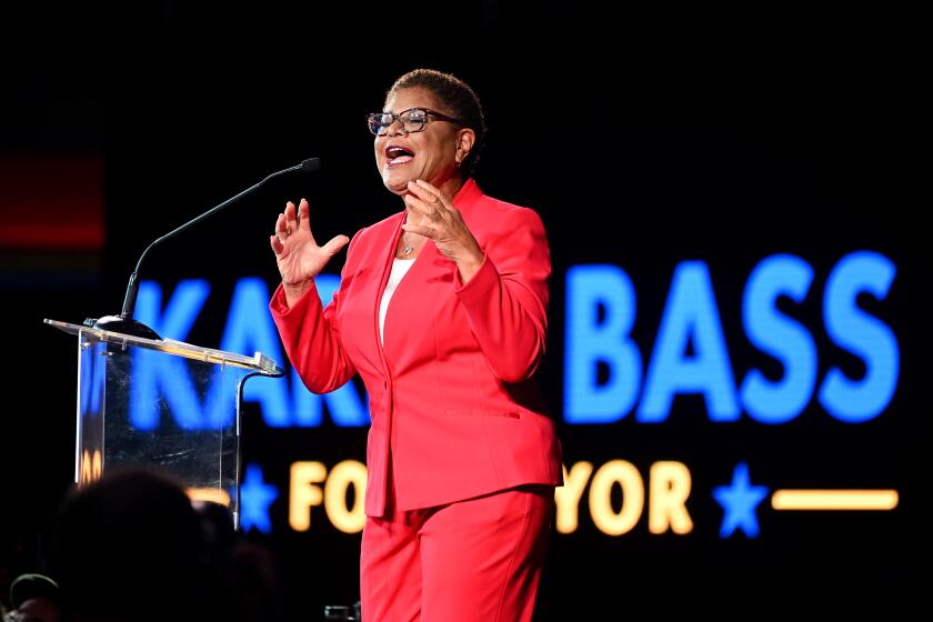 Los Angeles, California November 8, 2022-L.A. Mayor candidate Karen Bass during election night at the Palladium in Hollywood. (Wally Skalij/Los Angeles Times)