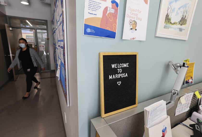 A welcome sign in the reception area at the Mariposa Clubhouse.