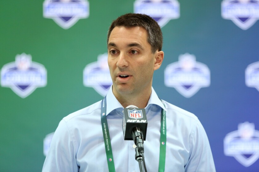 Los Angeles Chargers General Manager Tom Telesco speaks at the 2017 NFL scouting combine in Indianapolis.