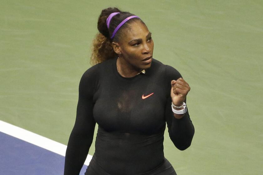 Serena Williams, of the United States, reacts after defeating Qiang Wang, of China, during the quarterfinals of the U.S. Open tennis tournament Tuesday, Sept. 3, 2019, in New York. (AP Photo/Seth Wenig)