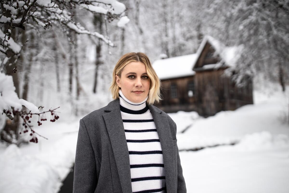 Greta Gerwig outside of "Little Women" author Louisa May Alcott's home in Concord, Mass.