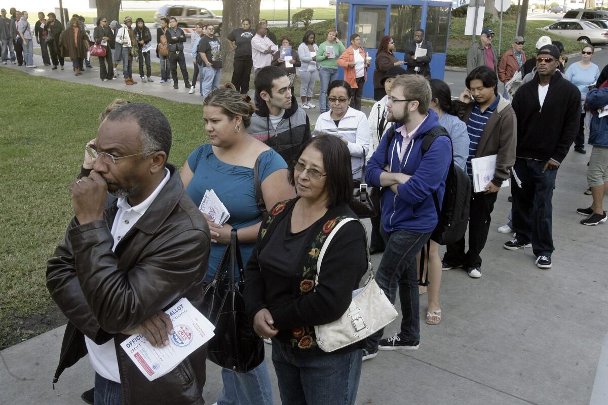 Voters in Los Angeles wait to cast their ballots in Norwalk during the November 2008 presidential election. More than 60% of Californians who were eligible to vote cast ballots in that election, the highest turnout since 1972.