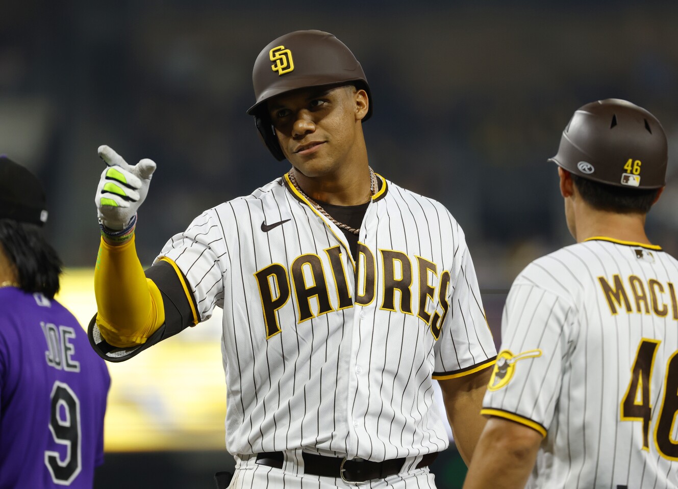 SAN DIEGO, CA - AUGUST 3: San Diego Padres' Juan Soto gestures after hitting a single in the eighth inning against the Colorado Rockies at Petco Park on Wednesday, August 3, 2022 in San Diego, CA. (K.C. Alfred / The San Diego Union-Tribune)