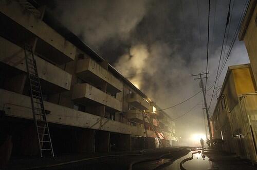 Fire rages through an apartment complex.