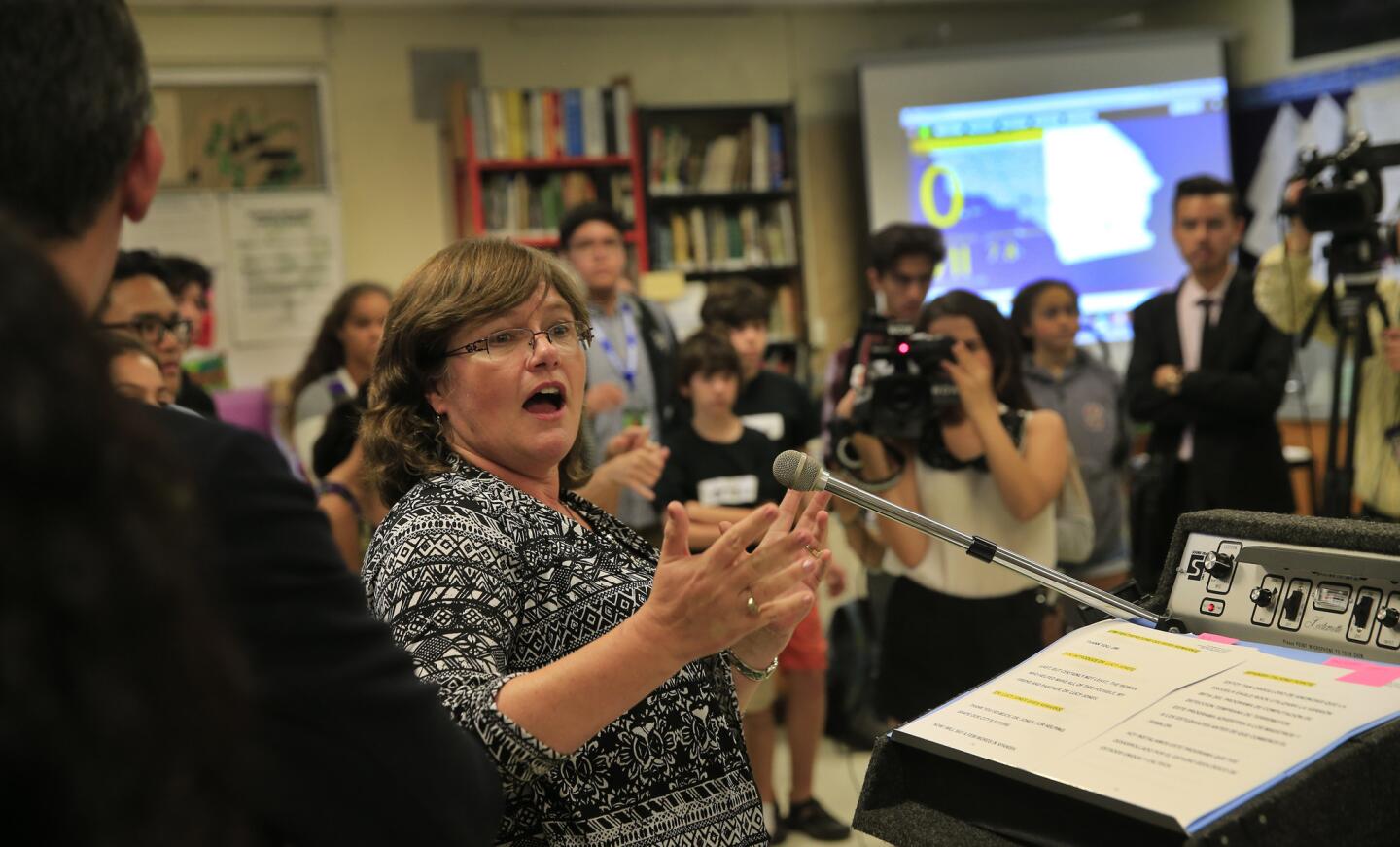 Eagle Rock High School students listen as seismologist Lucy Jones, center, speaks about a collaboration in 2015 between the city of Los Angeles, the Los Angeles Unified School District and the United States Geological Survey for a pilot program that will install early warning earthquake software in all science classrooms at the school.