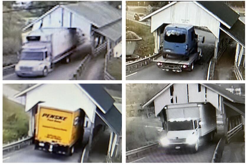 This selection of undated still frames from security video camera footage provided by Michael Grant shows a variety of oversized box trucks crashing through the historic Miller's Run covered bridge in Lyndon, Vt. Over the years, truck drivers have failed to notice the height warning signs leading to the bridge. (Michael Grant via AP)