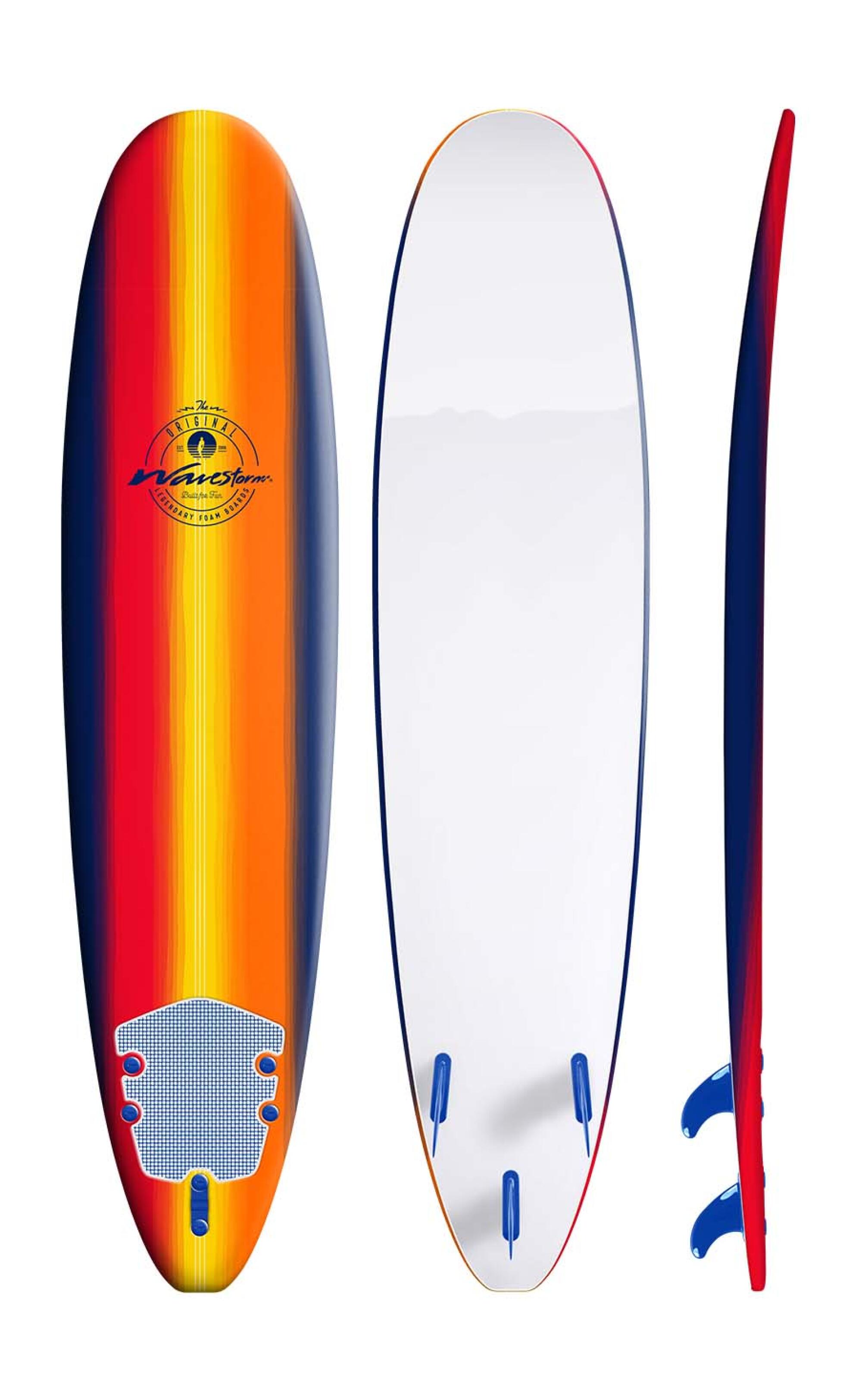 Different views of a soft-top surfboard.