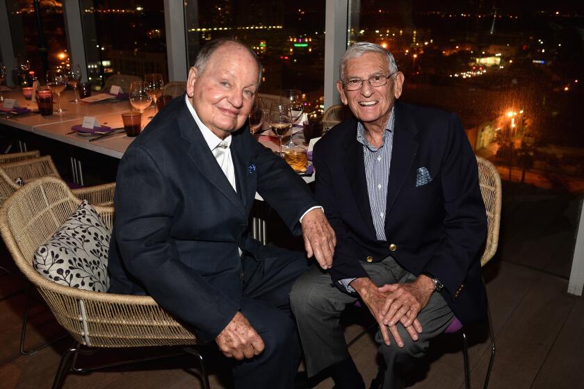 MIAMI BEACH, FL - DECEMBER 02: Douglas Cramer and Eli Broad attend the Vanity Fair And NSU Art Museum's Private Dinner Hosted By Bob Colacello And Bonnie Clearwater In Honor Of Douglas S. Cramer at Juvia on December 2, 2015 in Miami Beach, Florida. (Photo by Bryan Bedder/Getty Images for Vanity Fair)