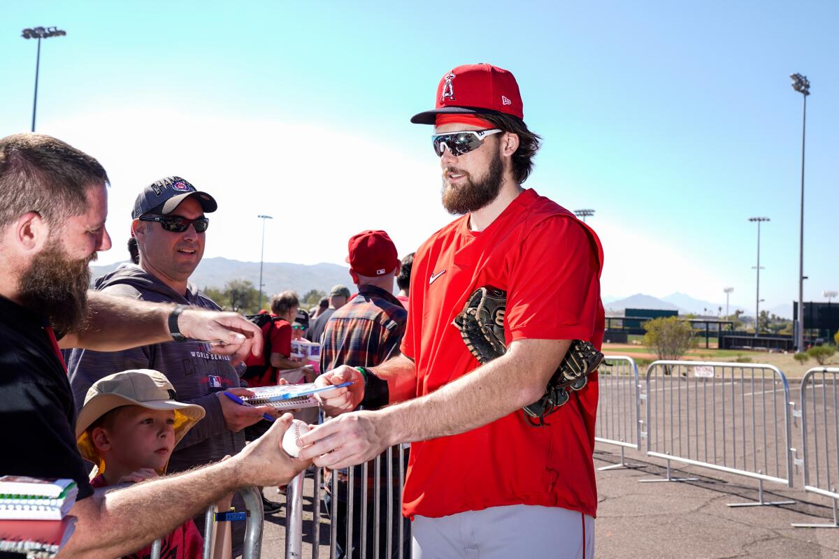 Angels prospect Brandon Marsh signs autographs Feb. 17 in Tempe, Ariz.