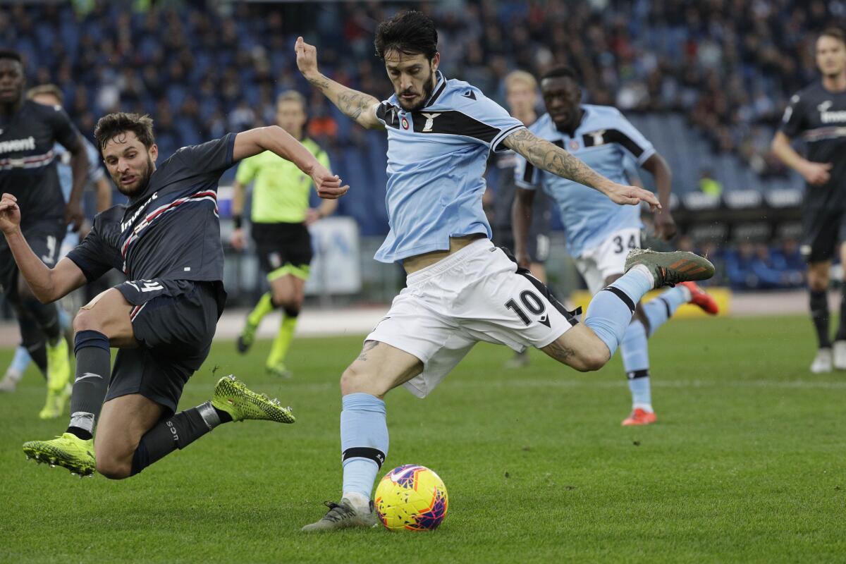 Lazio's Luis Alberto, right, and Sampdoria's Jakub Jankto fight for the ball during an Italian Serie A match on Jan. 18.
