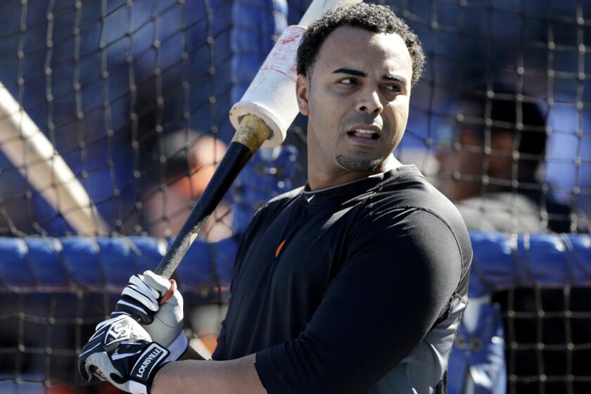 Orioles slugger Nelson Cruz waits to take batting practice before Game 4 of the American League Championship Series in Kansas City.