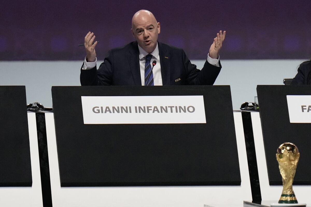 FIFA President Gianni Infantino speaks during the FIFA congress at the Doha Exhibition and Convention Center in Doha, Qatar, Thursday, March 31, 2022. (AP Photo/Hassan Ammar)