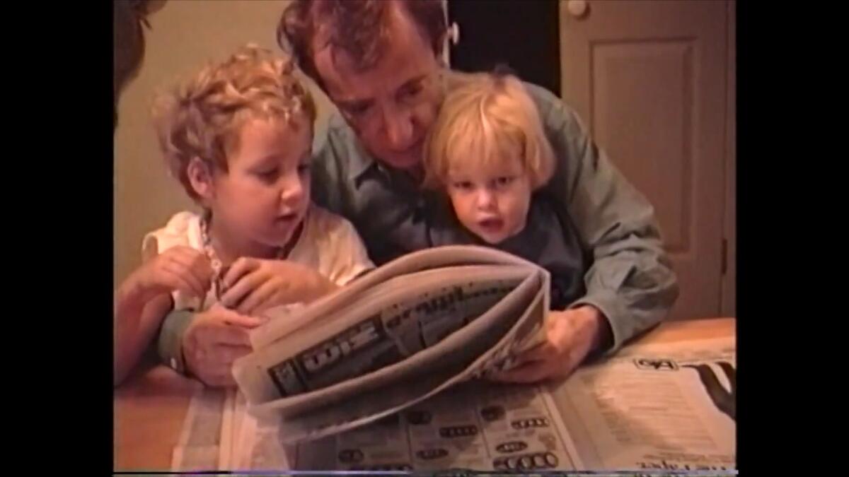 Dylan Farrow, left, Woody Allen and Ronan Farrow in archival footage from HBO's "Allen v. Farrow."