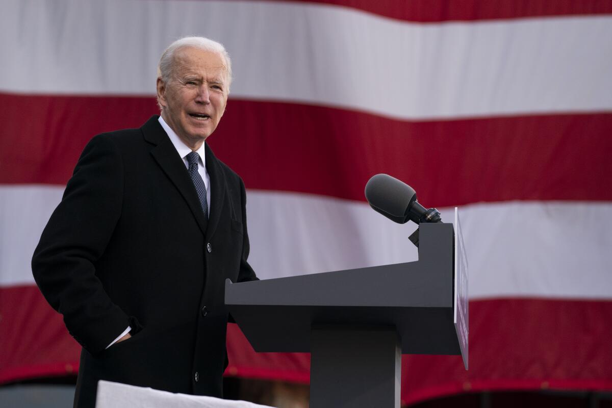 President-elect Joe Biden speaks Tuesday in New Castle, Del., before flying to Washington for his inauguration.