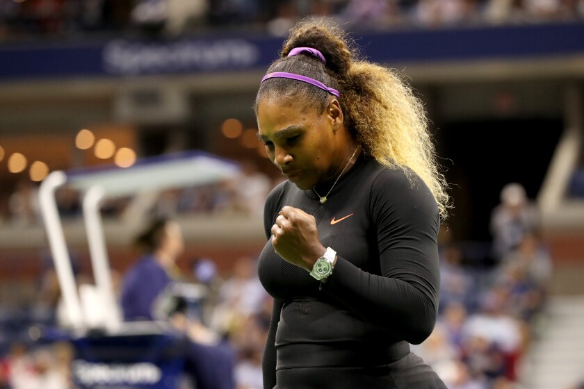 Serena Williams reacts during her second round match against Catherine McNally at the US Open on Wednesday in New York.
