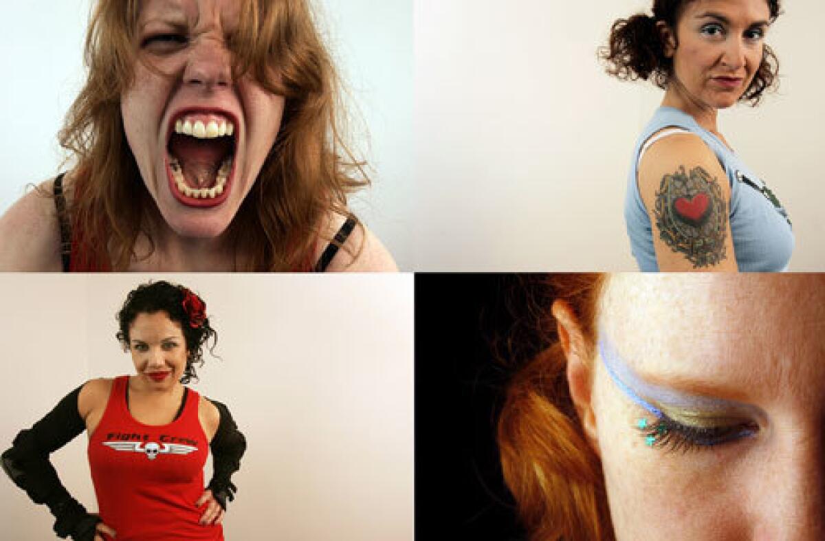 Roller derby is making a comeback with the L.A. Derby Dolls. Sandra "Tara Armov" Frame, clockwise from top left, Alex "Axles of Evil" Cohen, Mary Krueger and Vanessa "Fighty Almighty" Williams are a few of the roughly 60 women on four teams who race at a warehouse in Historic Filipinotown. More photos >>>